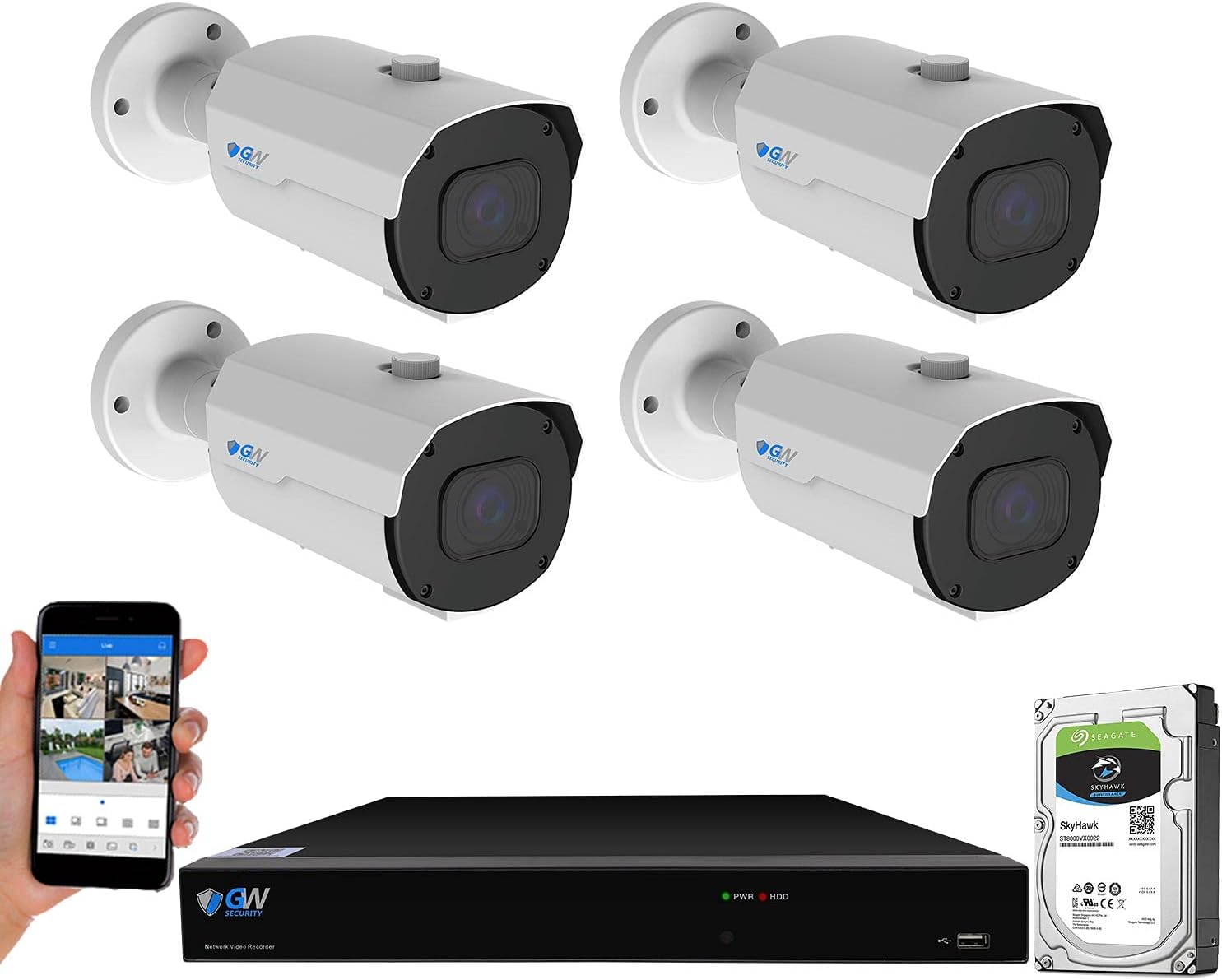 GW Security 8 Channel NVR 4K 8MP PoE 2.8-12mm Varifocal Zoom Face Recognition/Human/Car Detection Security Camera System with 4 x 4K 8MP IP Microphone H.265+ Outdoor Smart AI Bullet Cameras