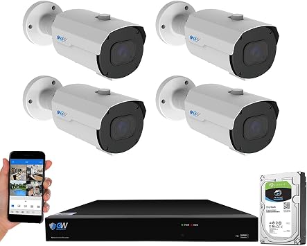 GW Security 8 Channel NVR 4K 8MP PoE 4X Motorized Optical Zoom Security Camera System with 4 x 4K 8MP IP Microphone Waterproof Smart AI Bullet Camera, Face Recognition/Human/Vehicle Detection