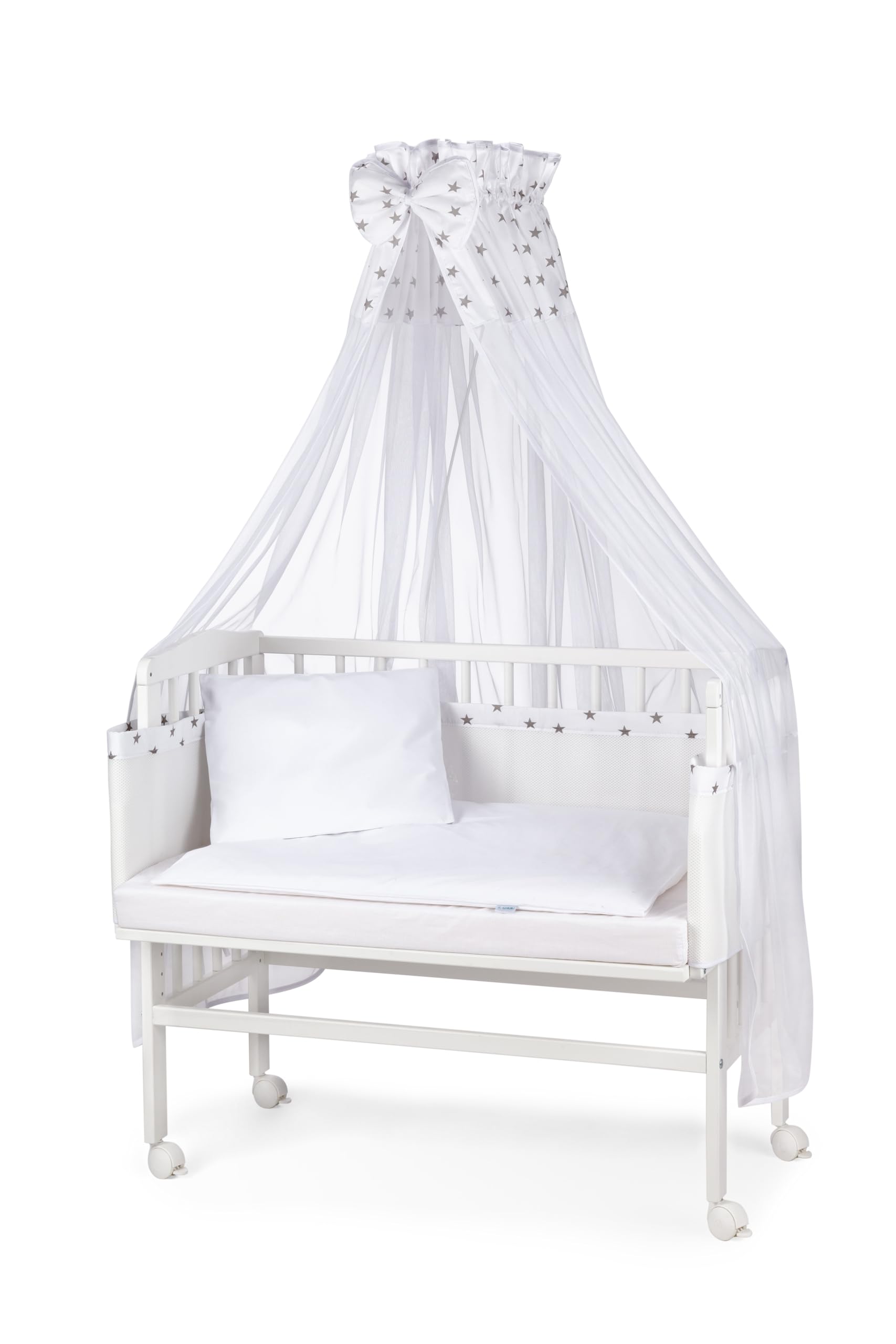 waldin Cuna colecho, Lacado en Blanco, 14 Modelos a Elegir a Elegir,Color Textil Blanco/Estrellas Gris