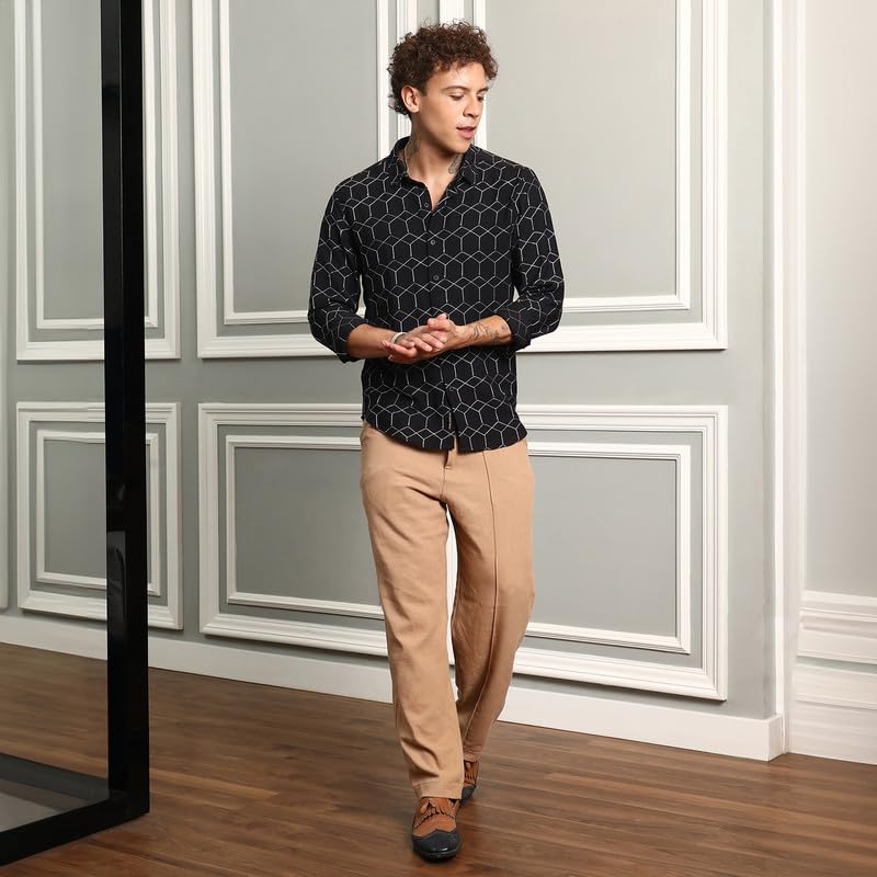 Image of CAHOOT Men's Hexagon-Lined Shirt | Casual Wear | Spread Collar | Long Sleeve | Button Closure | Shirt Crafted with Comfort Fit for Everyday Wear