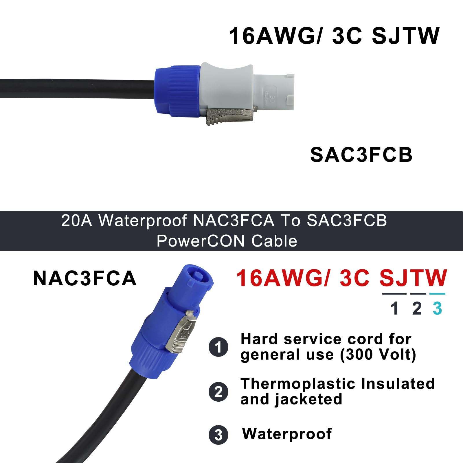 Kabel zasilający PowerCon do PowerCon – NAC3FCA do NAC3FCB 20A AC PowerCon złącze 16AWG, 3-pinowy kabel przedłużający do oświetlenia scenicznego/ekranu LED