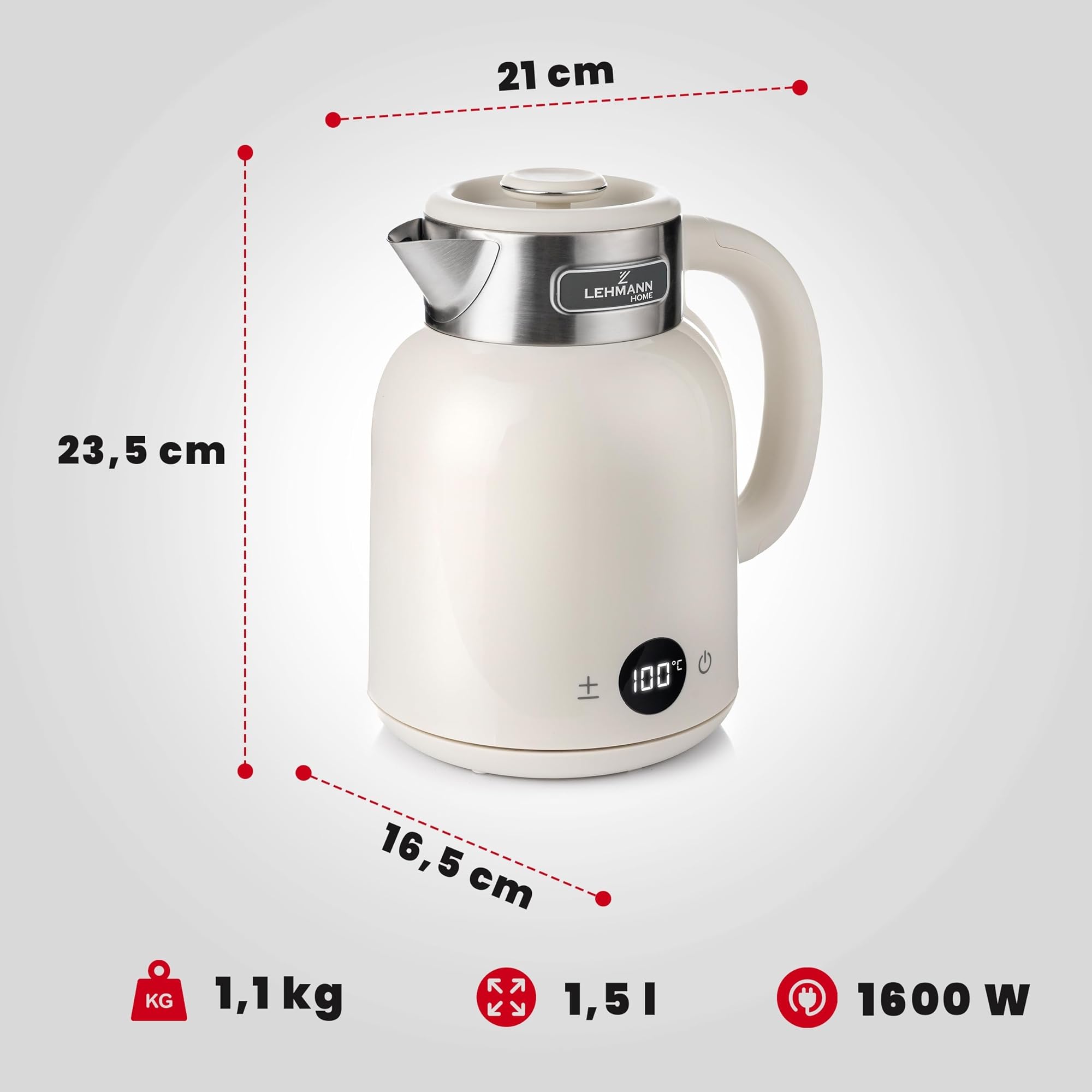 LEHMANN Bouilloire Électrique avec Temperature Réglable de 40-100°C, 1,5 L, 2200 W, Ebullition Rapide, Fonction de Maintien au Chaud, Écran LED, Acier Inoxydable, Arrêt Automatique, sans BPA