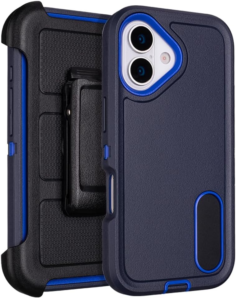 Case for iPhone 16 Case with Belt Clip Holster, Heavy Duty Protective Phone Cases Outdoor, Military-Grade Shockproof Defender-Style Cover with Kickstand, Dustproof Port Protection (Navy Blue)