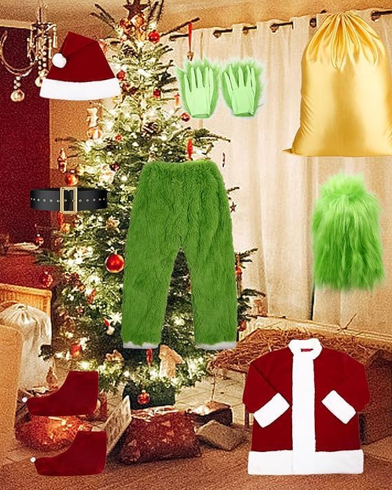 Miniatura 2 de Green Santa Costume Adult, 8PCS Furry Christmas Green Santa Costume Men Santa Claus Costume for Men