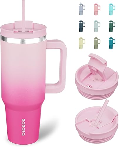 Miniatura 20 de BJPKPK Vaso de Acero Inoxidable de 30 oz con Asa, Vasos Térmicos Aislantes con 2 Pajitas, Taza de Café de Viaje con Tapa, Chicle Bubble gum,Verde