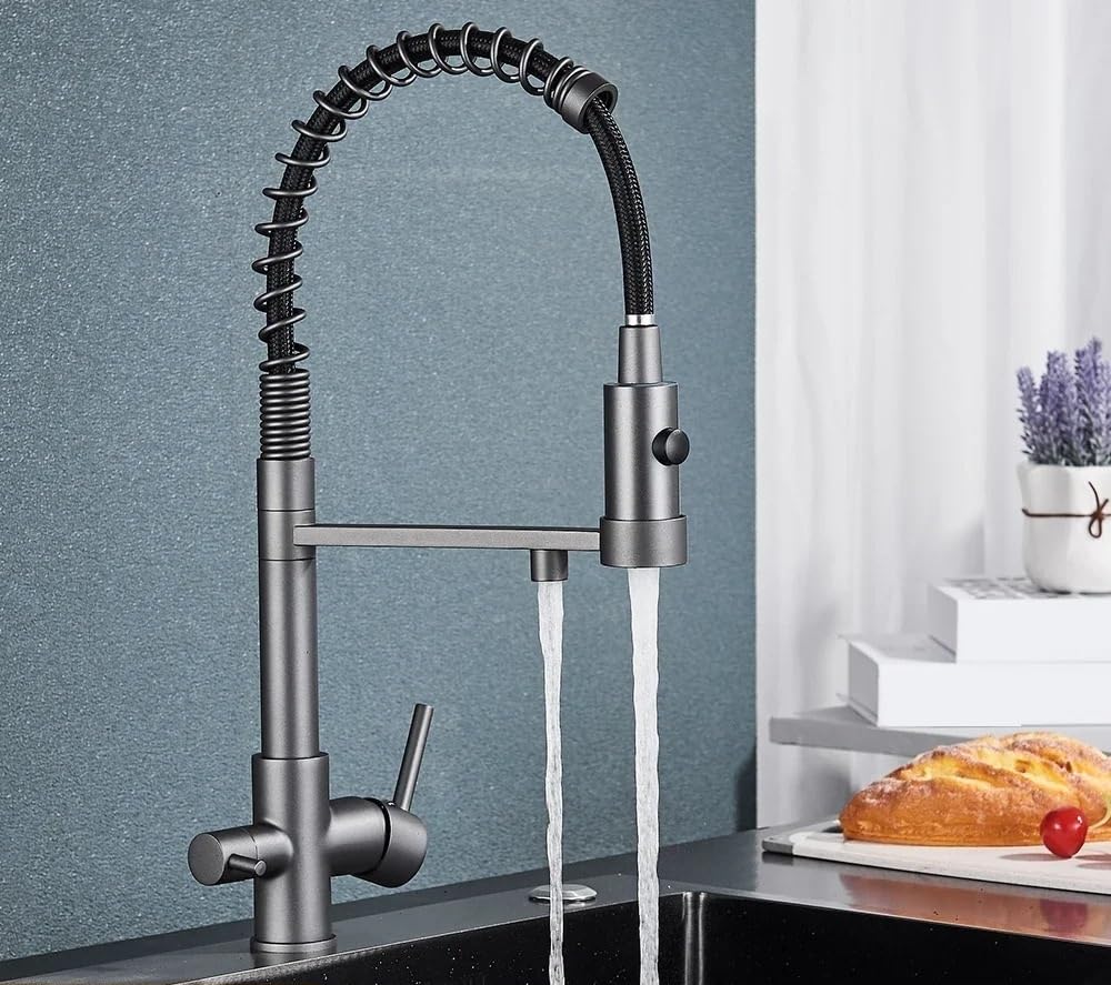 MXXQRHF Kitchen Tap Pull Down Filter Kitchen Faucet, 3 Way Drinking Pure Water Faucets, Brass 360 Flexible Tap(Gray)