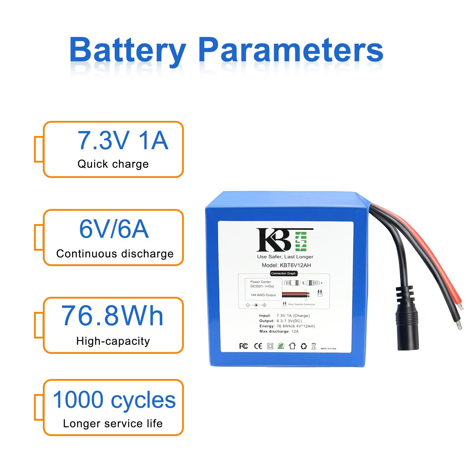 KBT 6V 12Ah LiFePO4 Replacement Battery, Small Size with Charger, Charging Cable, Cable Connector for Kids Ride On Toys, Lantern Lights, Streamlight Litebox, Home Security Alarm System Backup