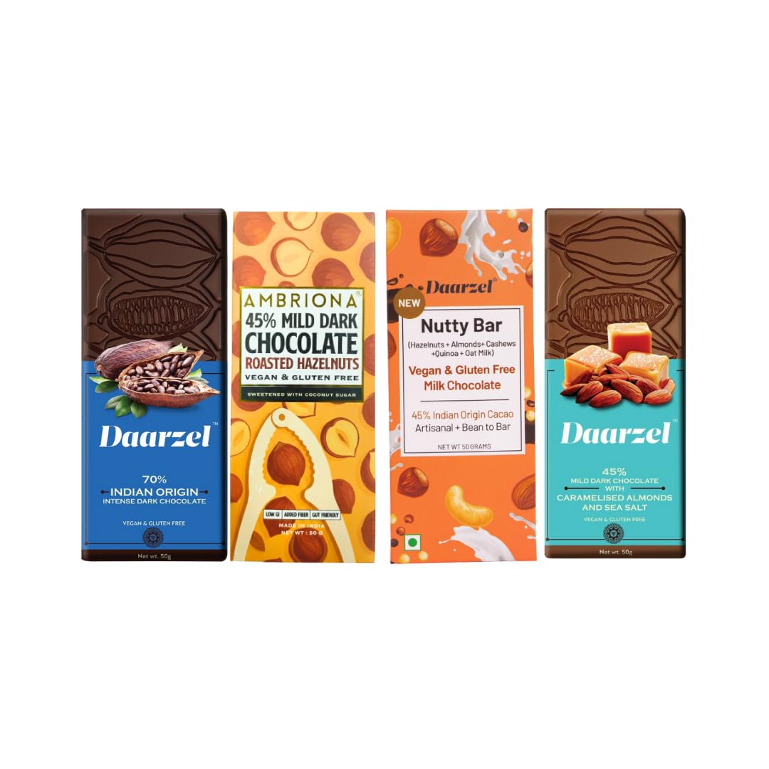 Daarzel Vegan & Gluten-Free Dark Chocolate Valentine's Day Gift Pack | 70% & 45% Dark, Nutty Bar, Roasted Hazelnut & Caramelized Almond | Indian Origin Cocoa | Pack of 4 (50g Each)