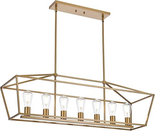 VINLUZ Lámpara de araña dorada, moderna lámpara de metal de 7 luces para comedor, granja, isla de cocina, iluminación rectangular grande colgante