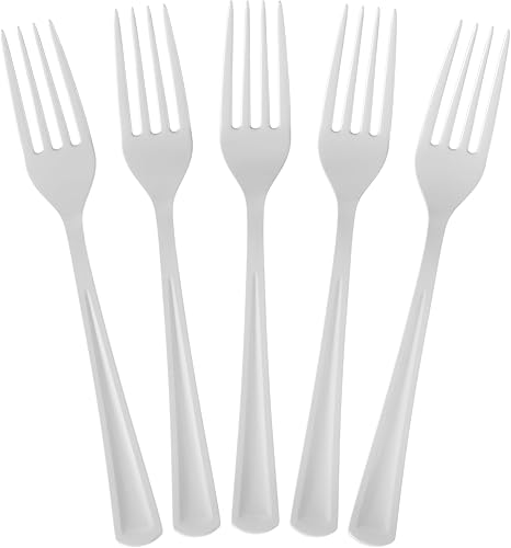 Exquisite Tenedores de plástico plateado, 50 piezas, tenedores plateados, utensilios desechables, juego de cubiertos de plástico resistente, juegos