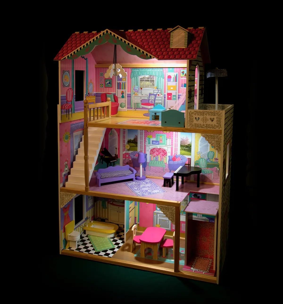 Casa delle Bambole in Legno Grande con Ascensore e Illuminazione, Villa a 3 Piani con Terrazza, Mobili e Accessori Inclusi, per Bambole fino 30 cm, Gioco di Ruolo Educativo, Regalo Bambini 3+