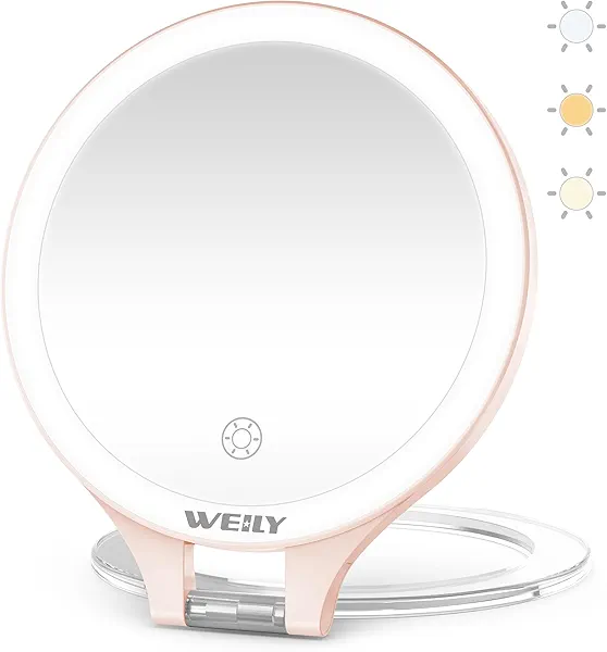 WEILY Magnifying Mirror with Light, 10X/1X Magnification Double-Sided Travel Makeup Mirror, with 3 Color Lights, Touch Control, Rechargeable Portable Mirrors for Bedroom, Bathroom (Pink)