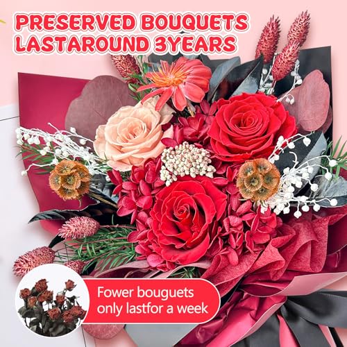 Preserved Flower Bouquet, Red Eternal Real Rose with Vase, Home Decor Natural Genuine Rose Lasts 1-3 Years, Valentine's Day Mother's Day Anniversary Christmas Birthday Gifts for Women Her - Image 5