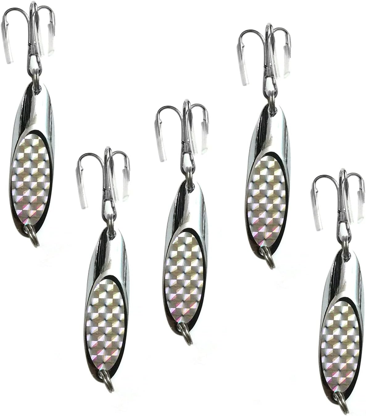 5pcs Fish WOW! Silver 1-1/2oz Fishing Kast Spoon with a Treble Hook 1.5oz Fish Chrome Jig Bait Lures Holographic Laser Silver Tape Kast Master Style Champ Spoons
