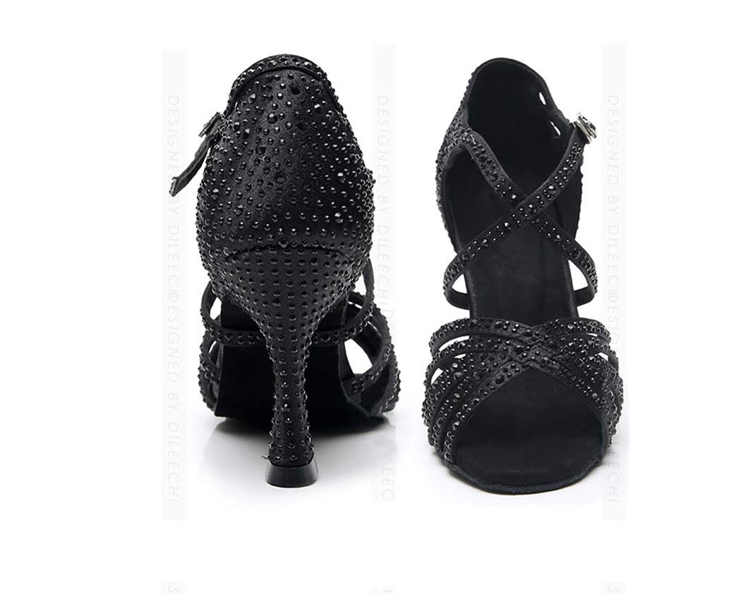 MGM-Joymod Sandalias de baile moderno latino con correa cruzada para mujer, con diamantes de imitación de tango social, bailes, Tacón marrón de 9 cm. — view 3