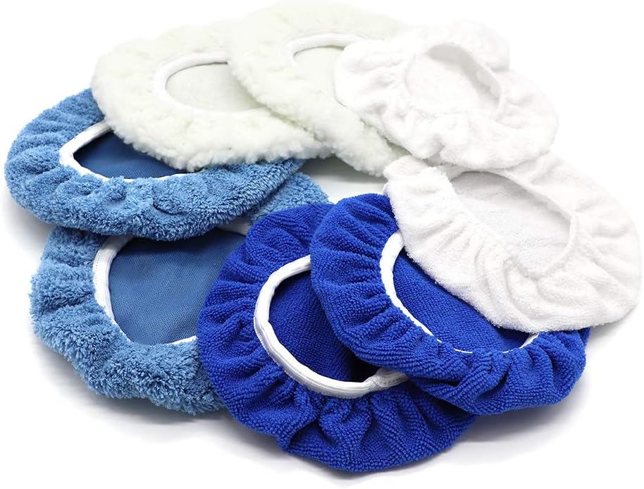 AUTDER 7 Inch & 8 Inch Car Polisher Pad Bonnet, Waxers Bonnet Set, Woollen+Cotton+Microfiber+Coral Fleece, 2 Pcs for Each, Pack of 8 Pcs
