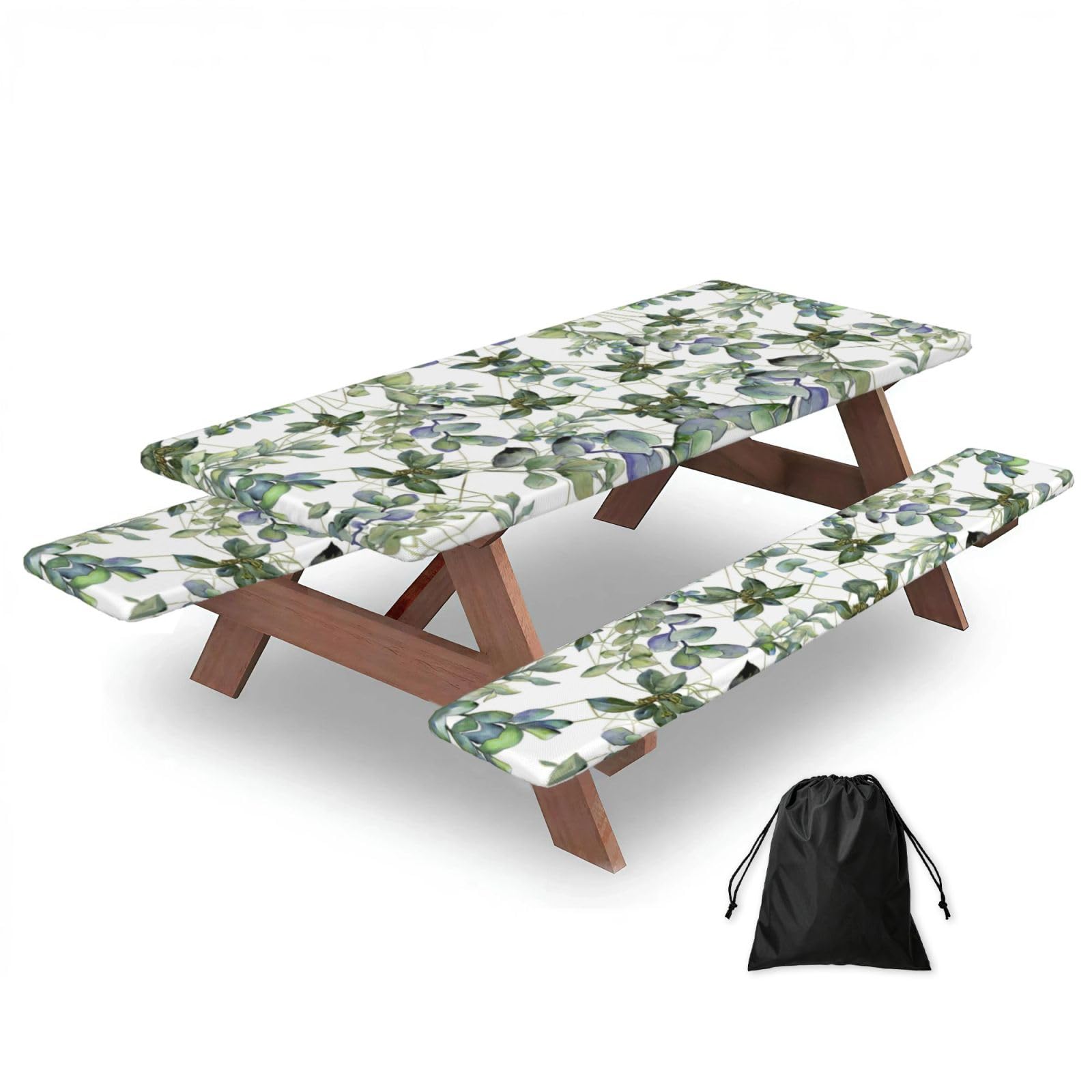 Zyjhyy Black Green Eucalyptus Leaves Print 3 Pack Wipeable Picnic Bench Cover And Table Cover Lightweight Table Cloth For Camping Outdoor