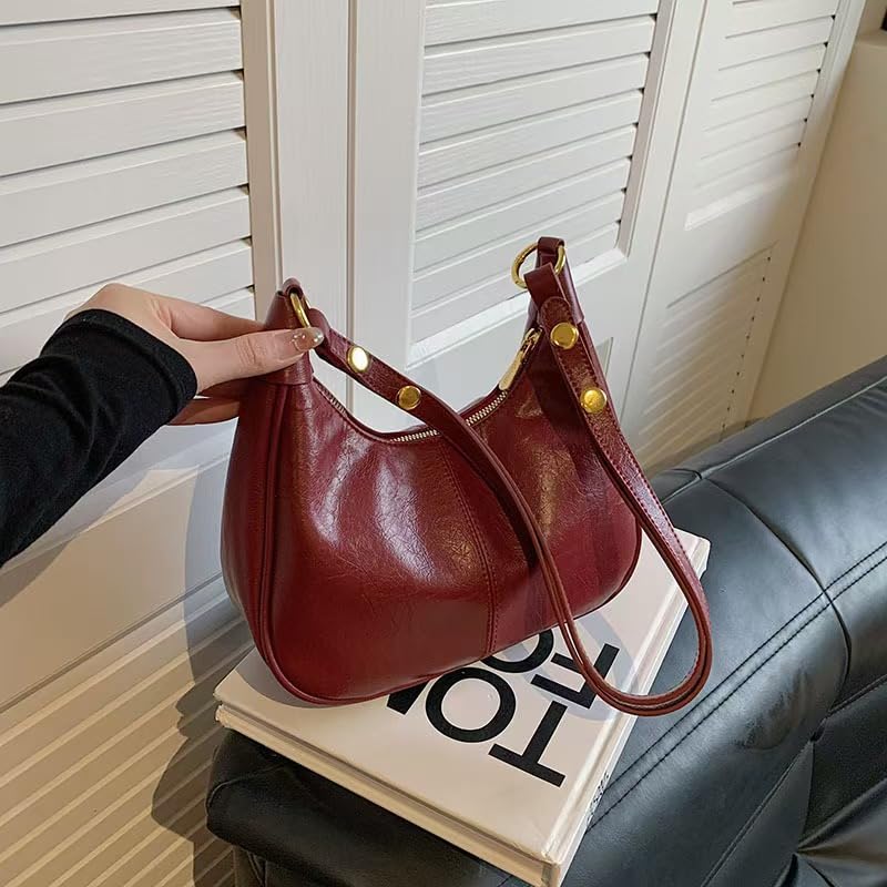 Image of Small Hobo Bags for Women Leather Shoulder Bag | Retro Crescent, Crossbody bag, Trendy Purses, Zipper