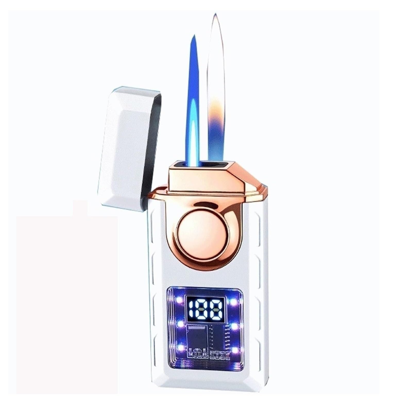 Briquet intelligent double flamme en métal blanc rechargeable