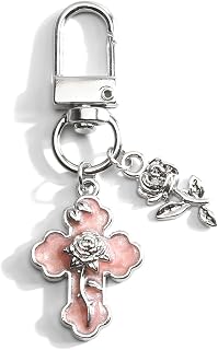 Cross Keychain,Y2K Keychain with Silver Rose Charm,Cross Bag Charm for Women Friends Birthday Chrsitmas