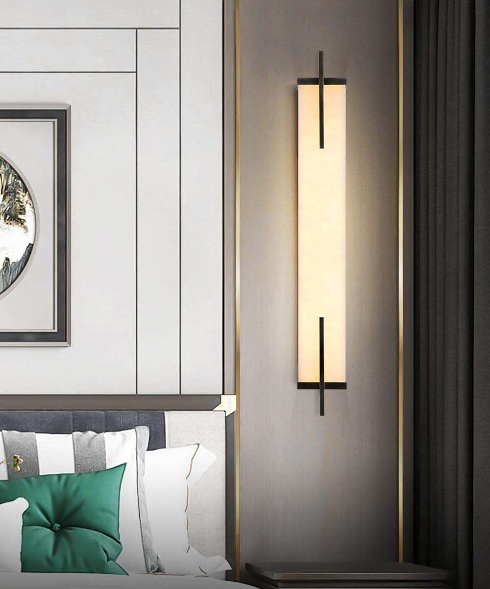 Apliques de Pared Juego de Dos Luces de Pared Modernas de Mármol de Alabastro Lámpara de Tocador de Baño de Mármol de Piedra Lineal Larga Lámpara de Pared de Latón para Dormitorio Sala de Estar