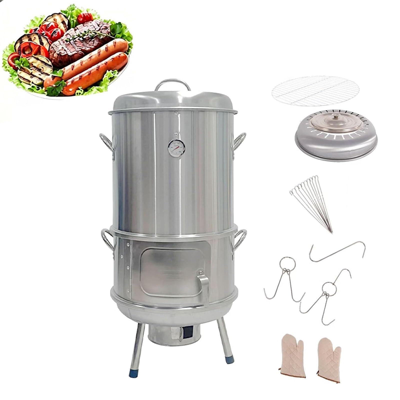 Barbecue A Carbone Rotondo 3 in 1, Affumicatore | Arrosto Pollo, Diametro 40 Cm, Con Cilindro Rimovibile, Vassoio Per Carbone E Supporto Con Termometro Per Patio, Campeggio