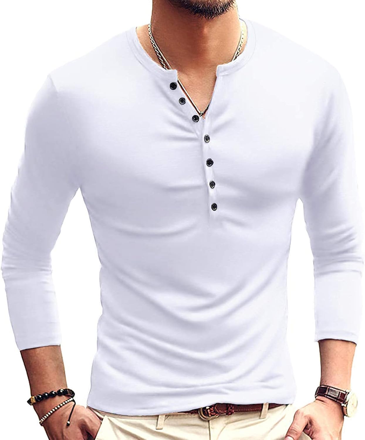 Lu's Chic Men's Long Sleeve Henley Shirt Soft T Shirt Crewneck Home Basic Fall Top