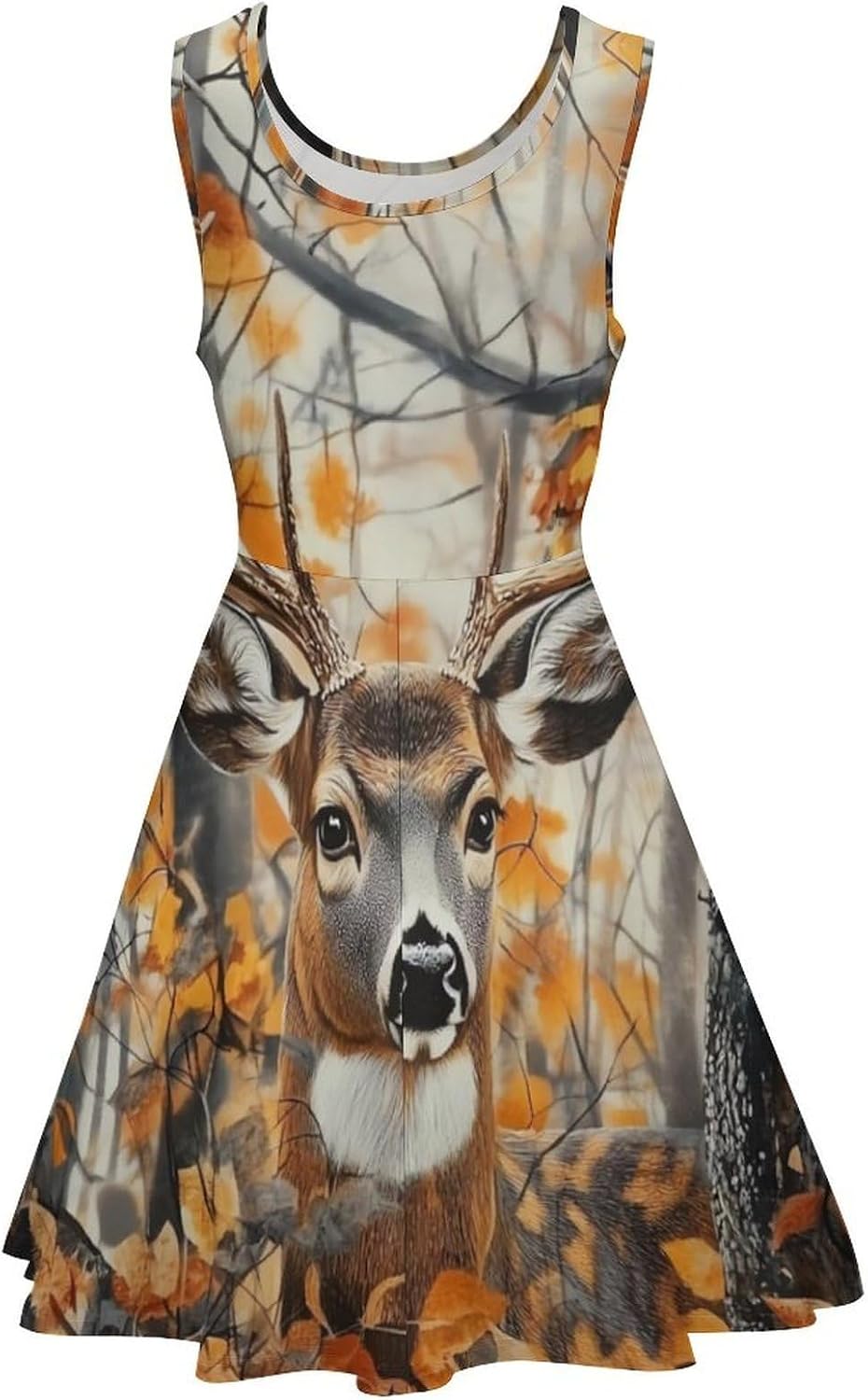 Camouflage Forests Deer Women's Dresses Round Neck Dress Sleeveless Tank Dress Ruffle Hem Sundress
