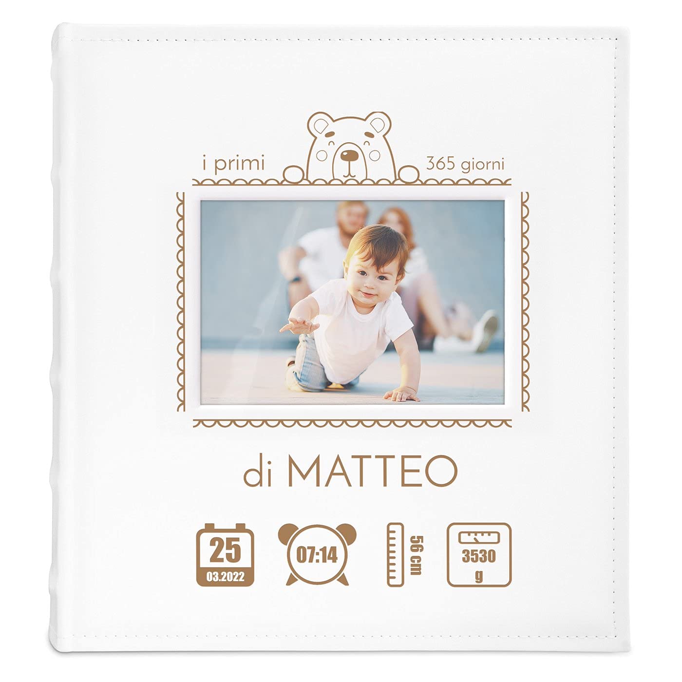 Maverton Album Foto, Copertina in Pelle Sintetica Bianca con Finestra | Personalizzazione con Stampa, 60 pagine nere, 240 foto 10x15 cm, idee regalo neonato, compleanno, Primi 365
