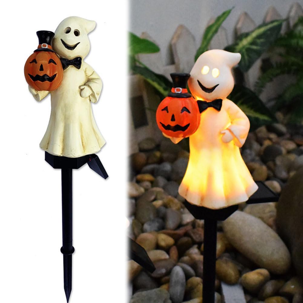Halloween Solar Garden Lights Outdoor, Halloween Garden Ornaments Outdoor Decorative Waterproof Solar Powered LED Stake Lights, Halloween Skeleton Statue for Pathway,Lawn,Patio (Pumpkin Ghost)