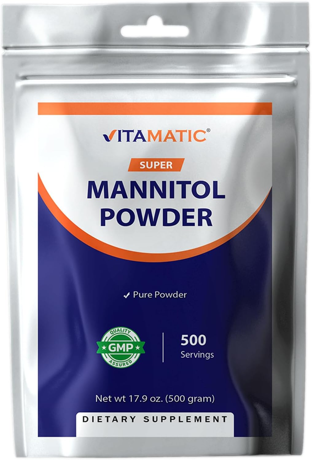 Vitamatic Mannitol Powder – Sweetener, Sugar Substitute, Natural & Gluten Free, 1000 mg per Servings, 500 Servings, 500 Gram