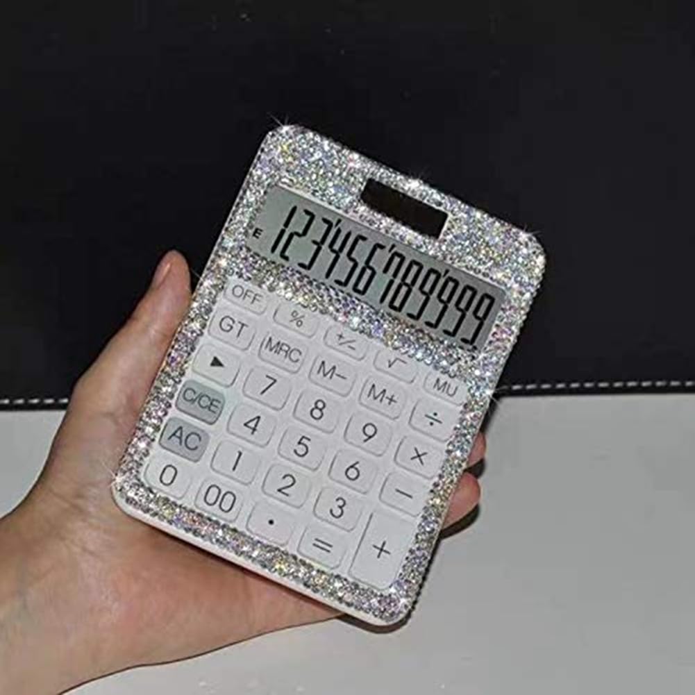 Calcolatrice Strass Cristallo Dazzling 12 Cifre Solare e Batteria Dual Power Display LCD per Ufficio Scuola Bianco