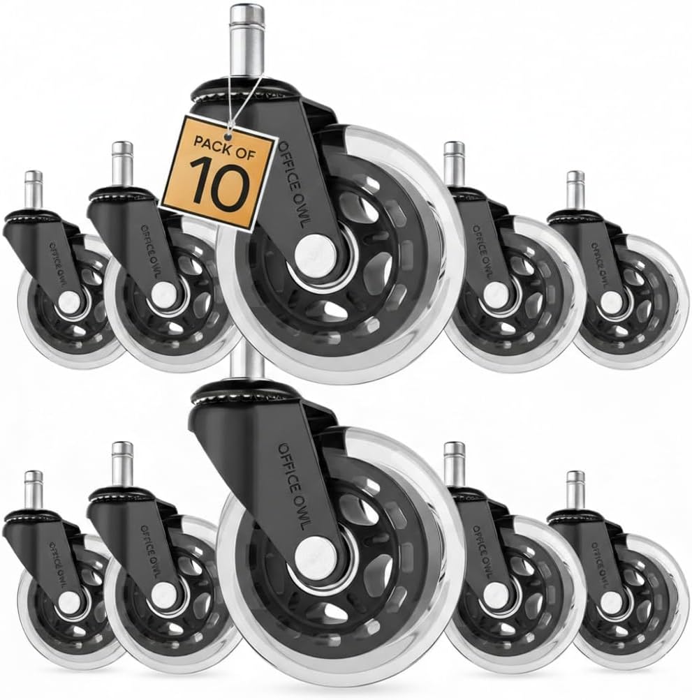 Replacement Office Chair Wheels, Set of 10 Rollerblade Style Casters for Desk and Gaming Chairs, Safe for Hardwood, Tile, Laminate & Carpet, Support Up to 650 LBS, Easy Install, Universal Fit, Clear
