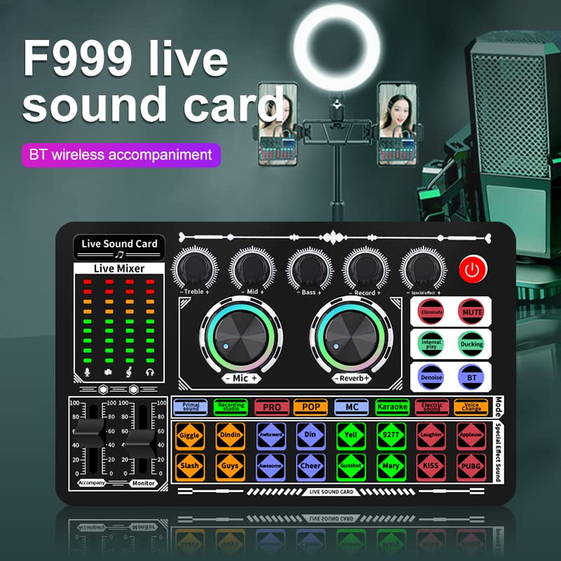 F999 Live Sound Card with DJ Mixer Effects & Voice Changer,Sound Card for Live Streaming, 16 Special Effects Ambient Sounds, LED Light Voice Changer(Black0)