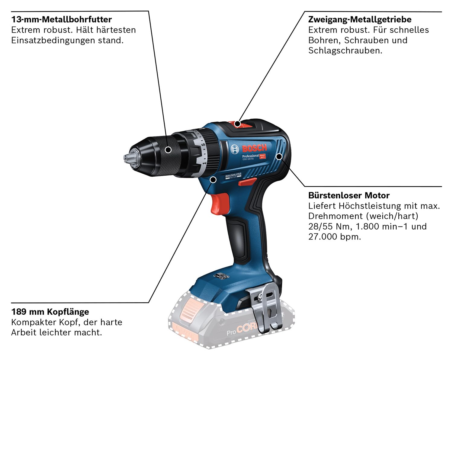 Akkuschrauber Bosch Professional Bosch Professional GSB 18V-55 Akku- Schlagbohrschrauber - 55 Nm Drehmoment, Bürstenlos, Inkl. L-BOXX  Schlagbohrschrauber 55 Nm, image size:1500x1500