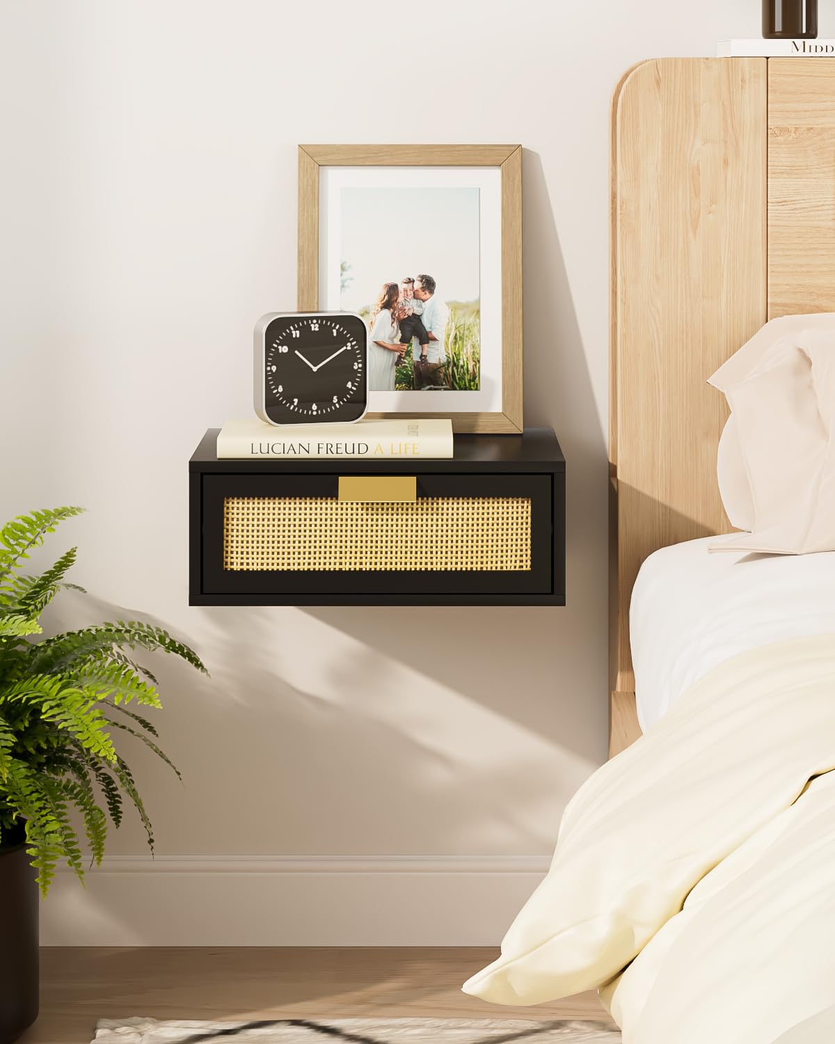 Aienvey Floating Nightstand, Black Rattan