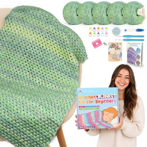 Image of Aeelike Blanket Crochet Kit for Beginners, Super Easy Crochet Blanket Kit with Soft & Colorful Gradient Yarns Detailed Video Tutorials Accessories, Ideal Gift for Crocheter & Moss Green Gradient