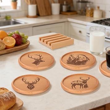 Stag Wooden Coasters Set of 4, Deer Wood Coaster with Lip, Round Coasters with Holder for Coffee Tea Drinks, Heat Resistant & Lightweight, Decor for Home Dining Table Office Desk, Stag Lovers Gifts