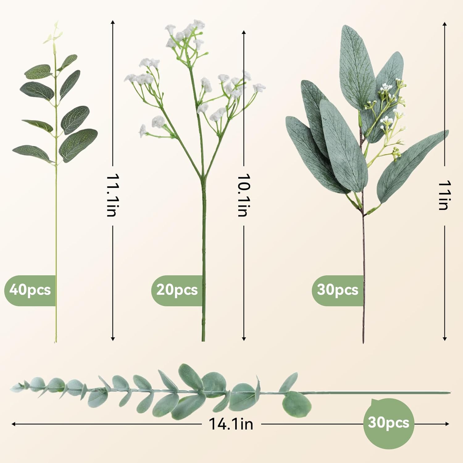 QGHPY 120 Pcs 4 Kinds Mixed Eucalyptus Greenery Stems,Artificial Babys Breath Flowers Bulk and Greenery Stems for Wedding, DIY Floral Arrangements and Home Decor (124)