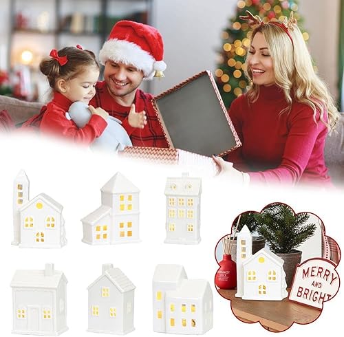 Miniatura 4 de Casas blancas de pueblo de Navidad, casas y pueblos de cerámica, casas de aldea de Navidad de cerámica blanca, con luces LED integradas, decoración
