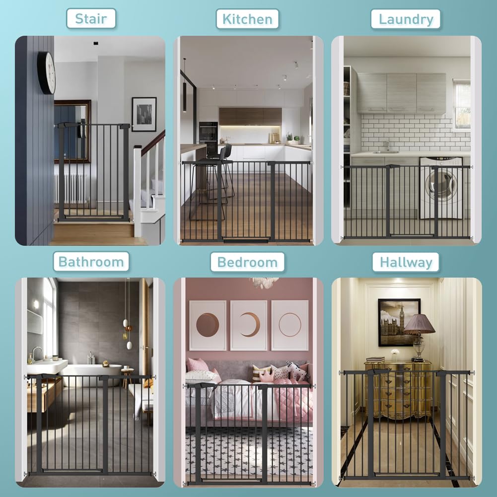 38.5" Extra Tall Dog Gate 79.13"-81.89" Wide - Long Large Pressure Mounted Baby Gates with Door for the House Stairs Doorway - Walk Through Toddler Puppy Pet Safety Fence Gate Black
