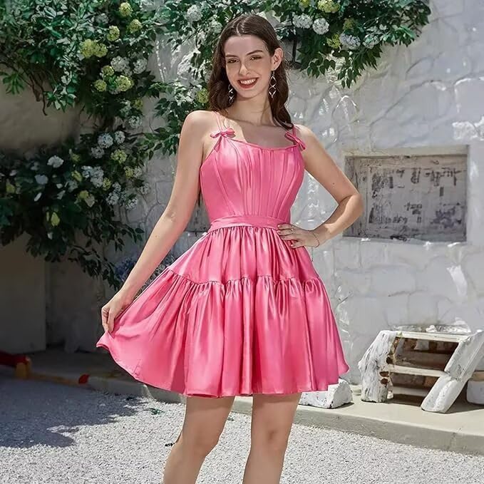 Spaghetti Straps Satin Homecoming Dresses for Teens 2025 A-line Short Prom Dress Ruffles Pleated Cocktail Party Gowns2
