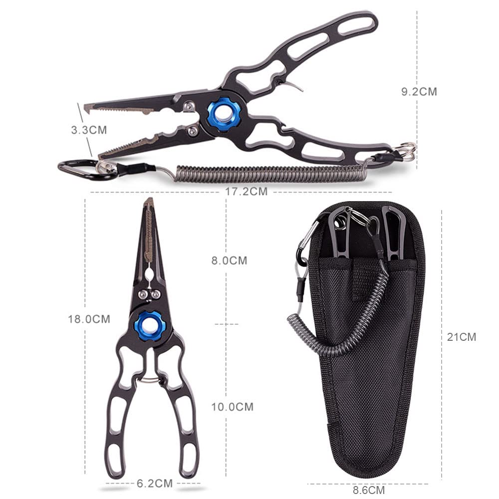 Pince de pêche Multifonction en Alliage de Titane Pince de Pêche pour Enlver Les Hameçons Couper Tissage et Anneau Fendu avec Cordon Enroulé de Sécurité et Gaine
