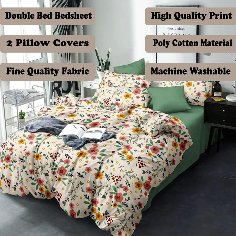 Image of Polycotton Double Bed Bedsheet, Flat Sheet with 2 Pillow Covers, Queen (90x100 inch), 300 TC, Yellow & Cream, Set of 3
