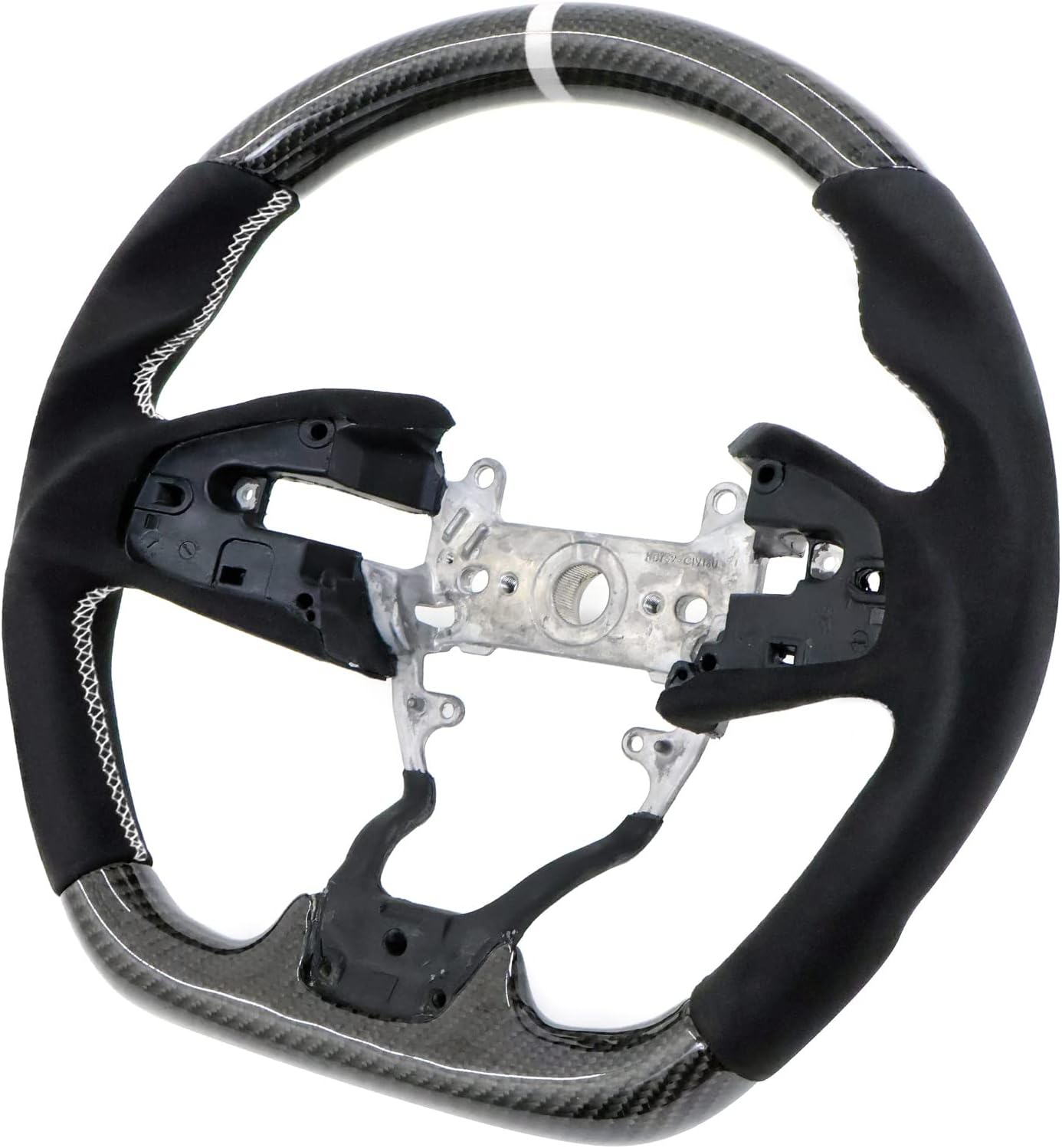 IKON MOTORSPORTS, Steering Wheel Compatible With 2016-2021 Honda Civic Gen 10th, Carbon Fiber Synthetic Suede Steering Wheel With White Stitching & White Indicator, 2017 2018 2019 2020