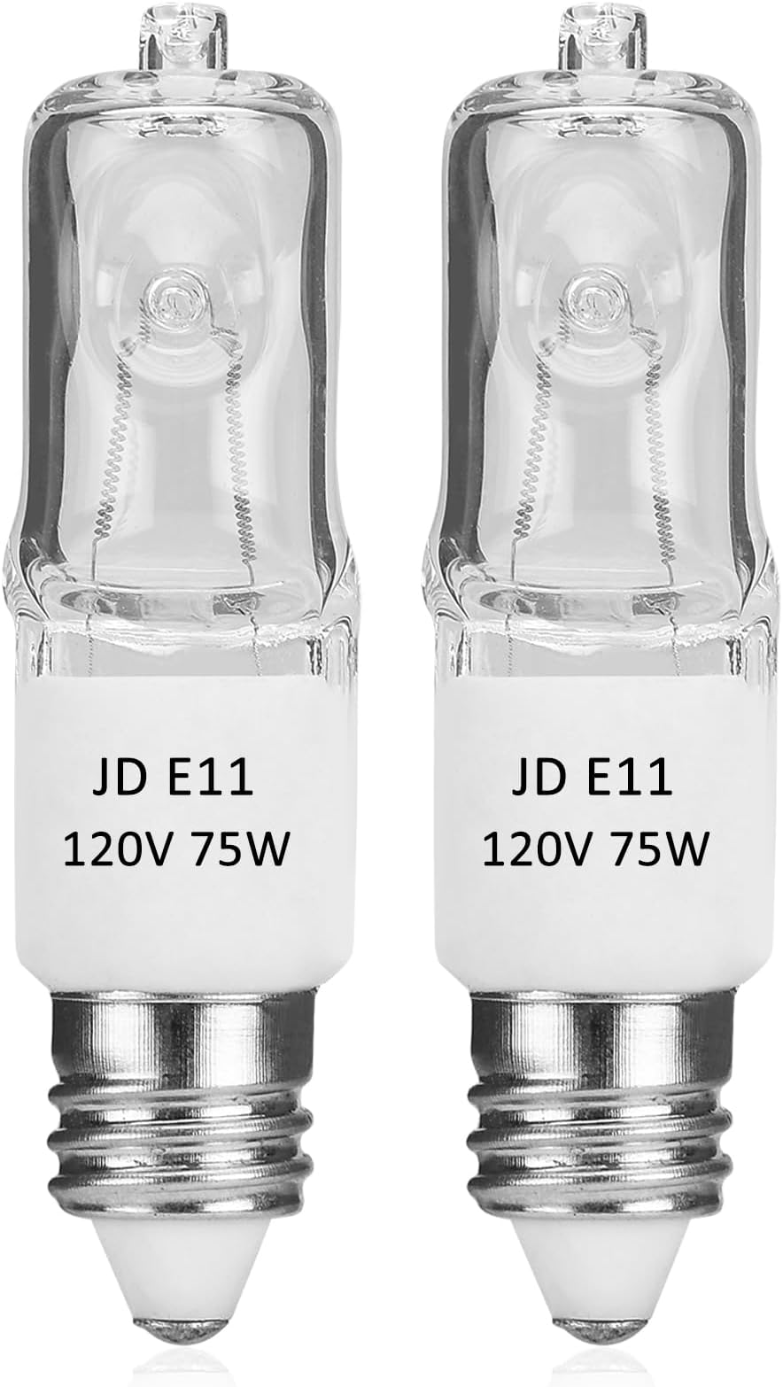 JDE11 120v 75w, E11 Bulb, T4 E11 Mini Candelabra Base, 2700K Warm White Dimmable Halogen Bulb for Ceiling Fan Light, Chandeliers, Cabinet Lighting, Table Lamps(2 Pack)