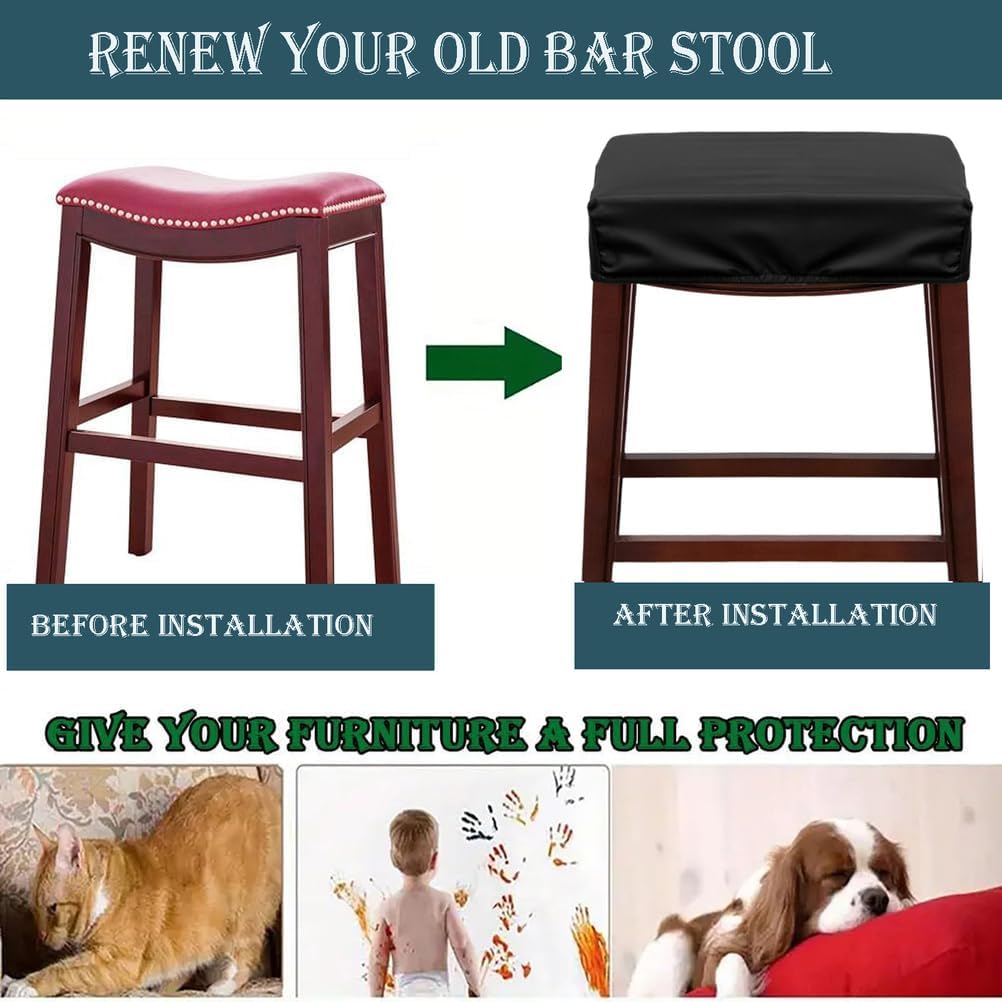 LIWLLIUA‎ Waterproof Stretch PU Leather Bar Stool Covers – Washable Rectangular Counter and Vanity Stool Seat Covers with Elastic Bands, Fit Wooden & Metal Barstools,Black pu,4pcs