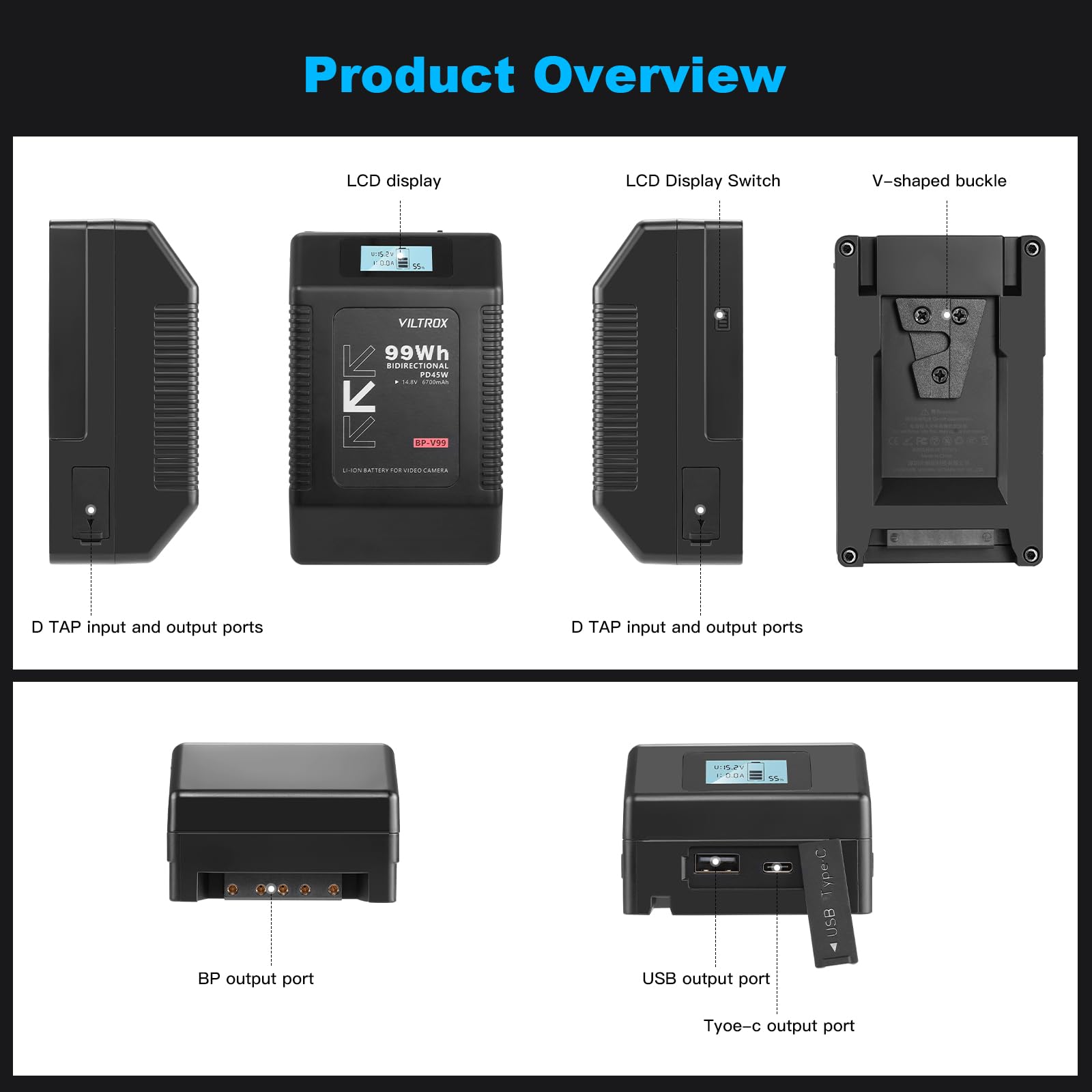 VILTROX BP-V99 V Mount Akku Mini Battery V Lock Black 6700mAh mit LCD-Anzeige,Dual D-Tap&USB Output 99Wh/14.8V,Schwarz Mini V Lock Akku in Camcordern,Kamera