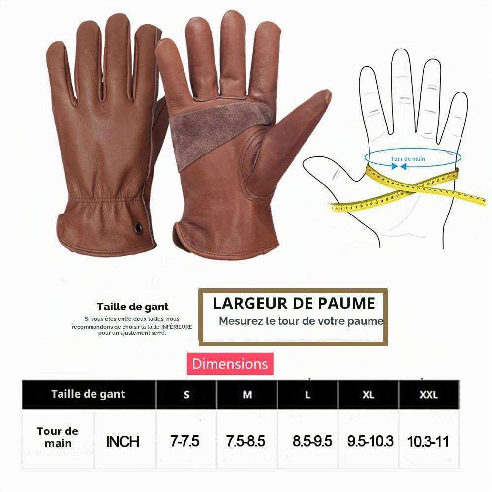 Gants de travail rétro en cuir pour la construction, la cour, le jardinage, avec paume renforcée pour homme et femme (Marron, L)