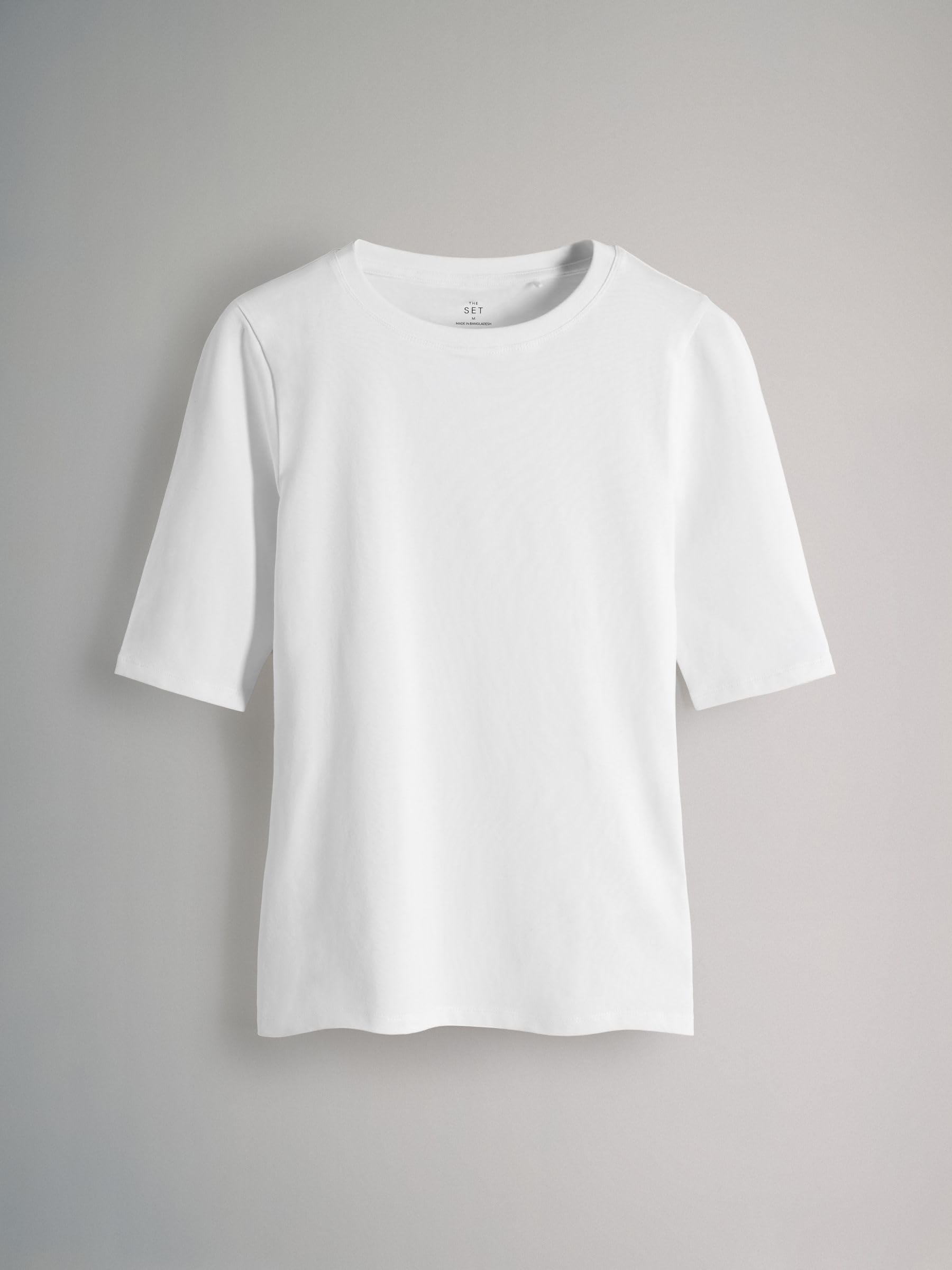 THE SET Damen Figurbetonte T-Shirts mit Rundhalsausschnitt und halblangen Ärmeln, 4er-Pack
